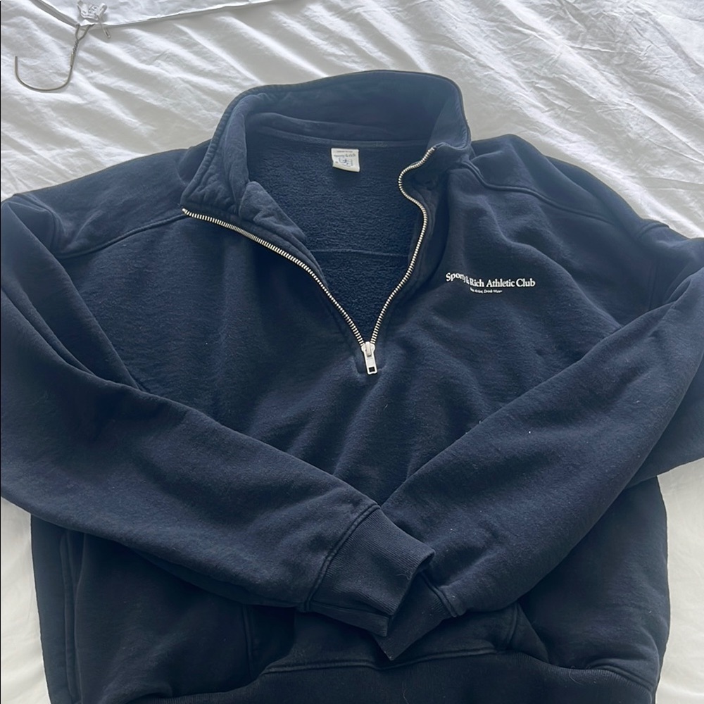 Sporty & Rich Black Zip Up Sweater with Ribbed Collar